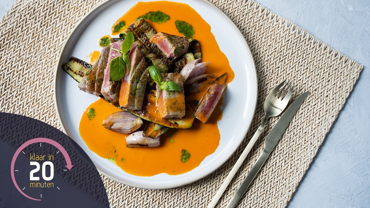 Gegrilde groenten met tonijn en coulis van sriracha | Klaar in 20 minuten