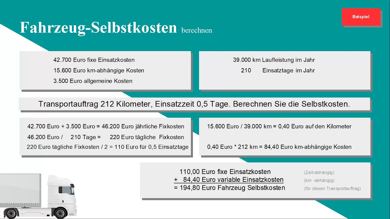 Fahrzeug Selbstkosten berechnen + Rechenbeispiel