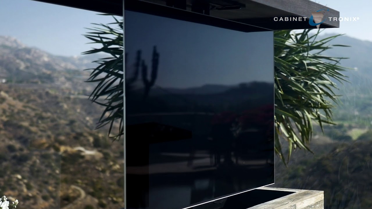 Outdoor hidden TV lift cabinet to watch TV in backyard by pool hot tub & patio