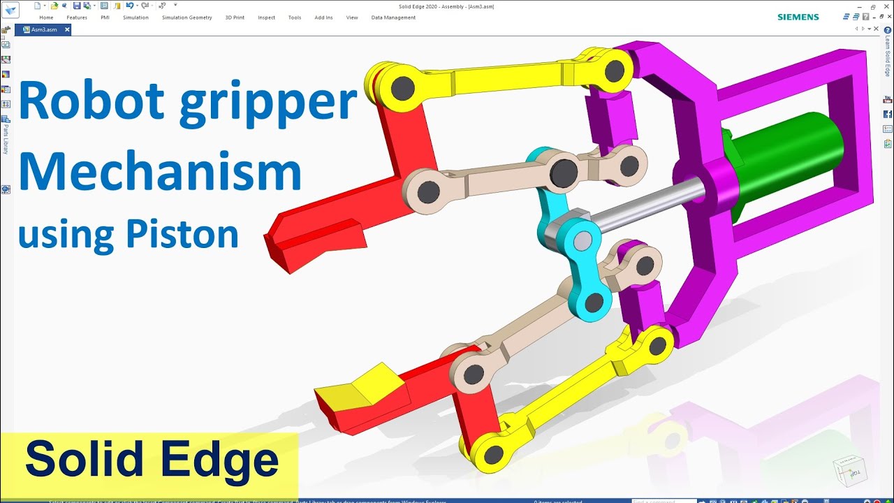 Solid Edge Assembly & Motion Animation #16 | Robot Gripper Mechanism using Piston