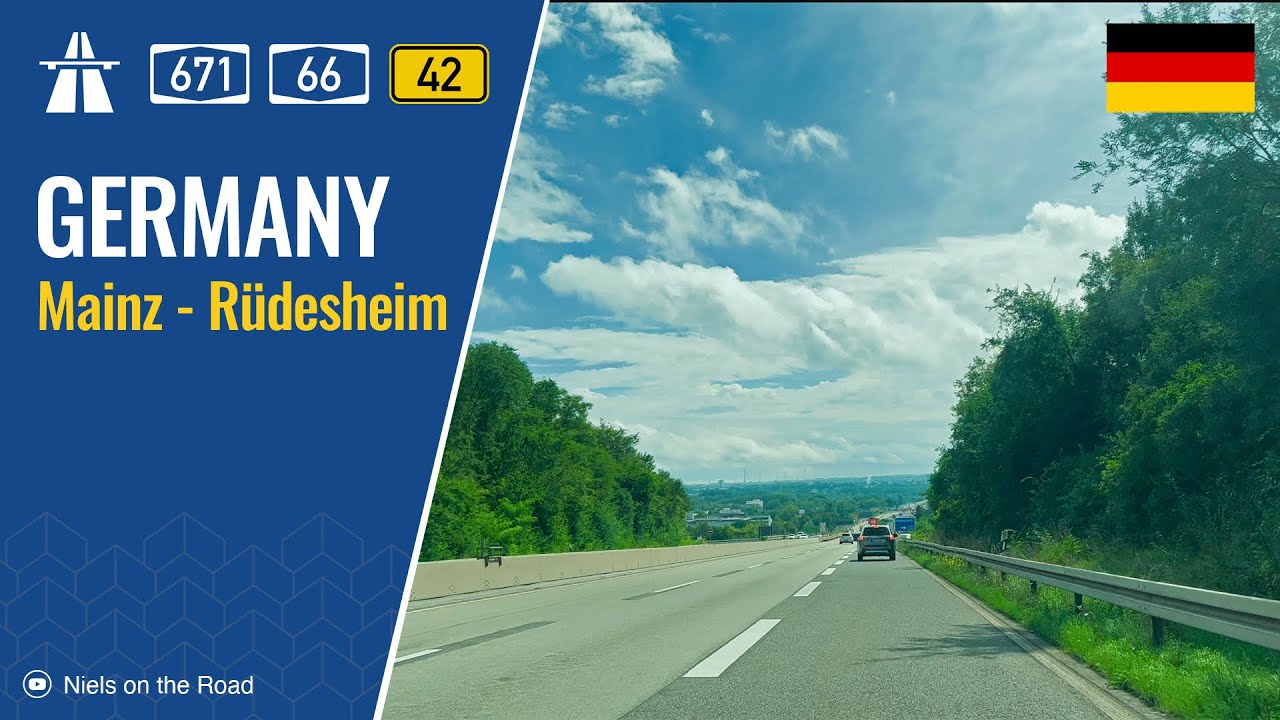 Driving in Germany: Autobahn A671, A643, A66 & Bundesstraße B42 from Mainz to Rüdesheim am Rhein