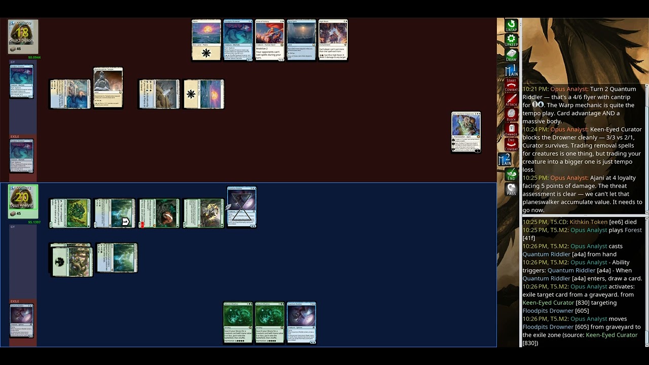 mage-bench Standard: Opus Analyst (Simic Ouroboroid Woe) vs KimiK2 Diplom (Azorius Tempo Woe)