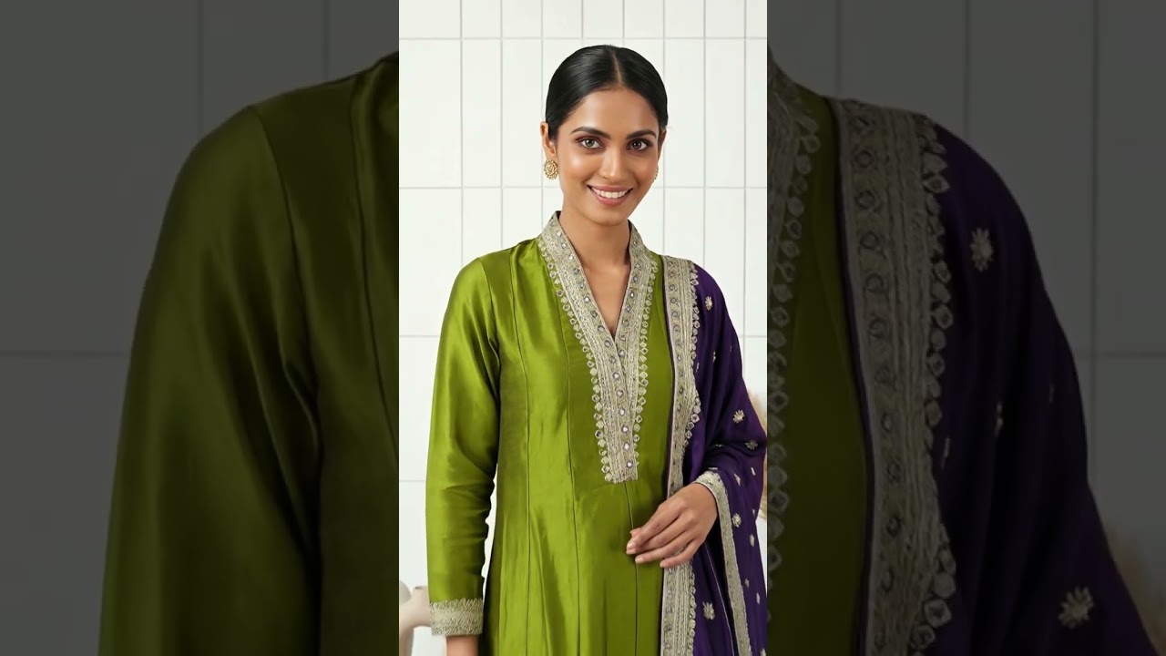 Mehadi Green Silk Hand Embroidery Three Piece Set by Neerus 💖