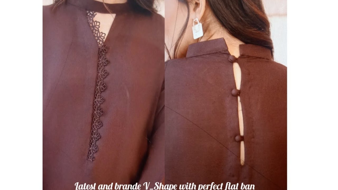 Branded V_Shape with flat ban neck deisgn cutting and stitching || How to make perfect flat ban 