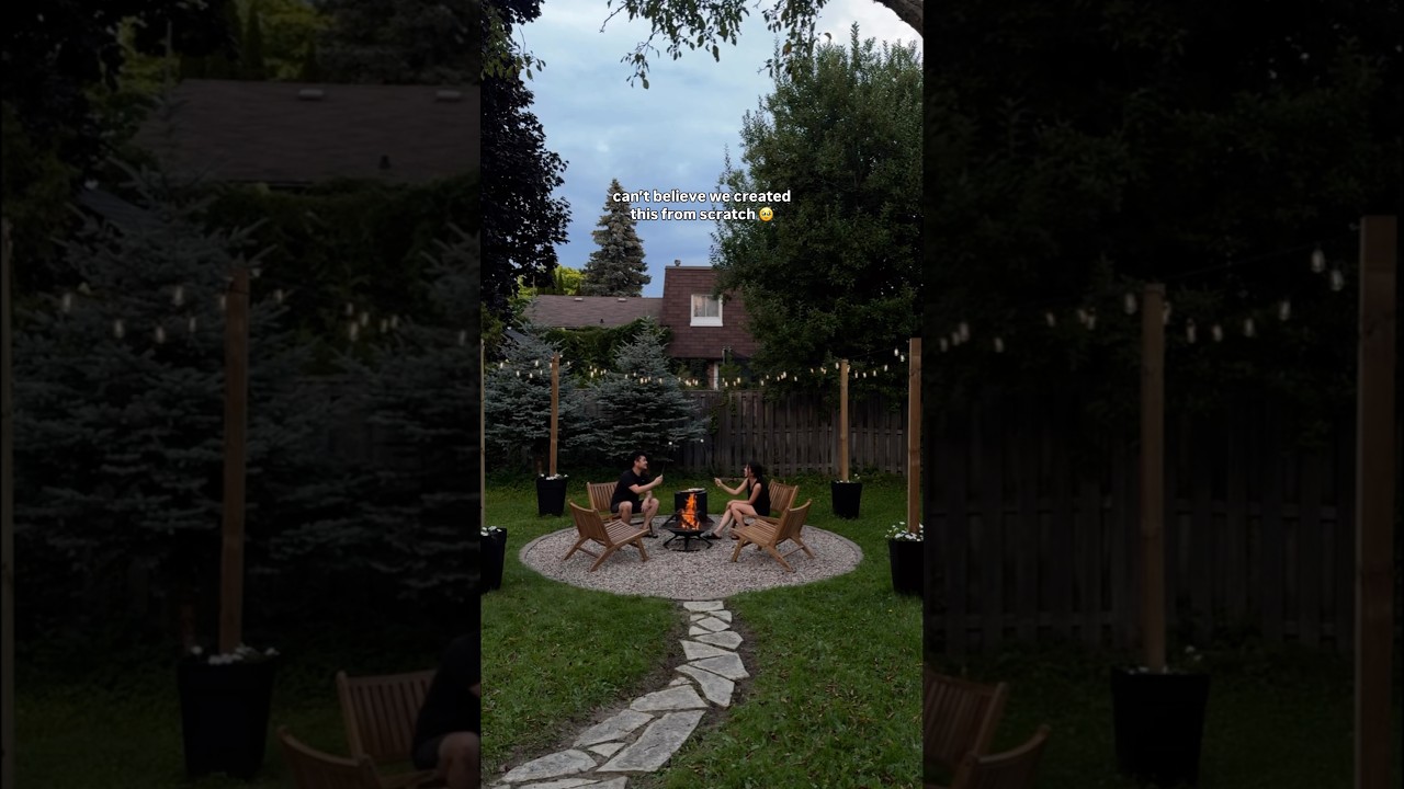 Pt 3 of our backyard fire pit area: string light poles using planters! #diyhomeimprovement #firepit