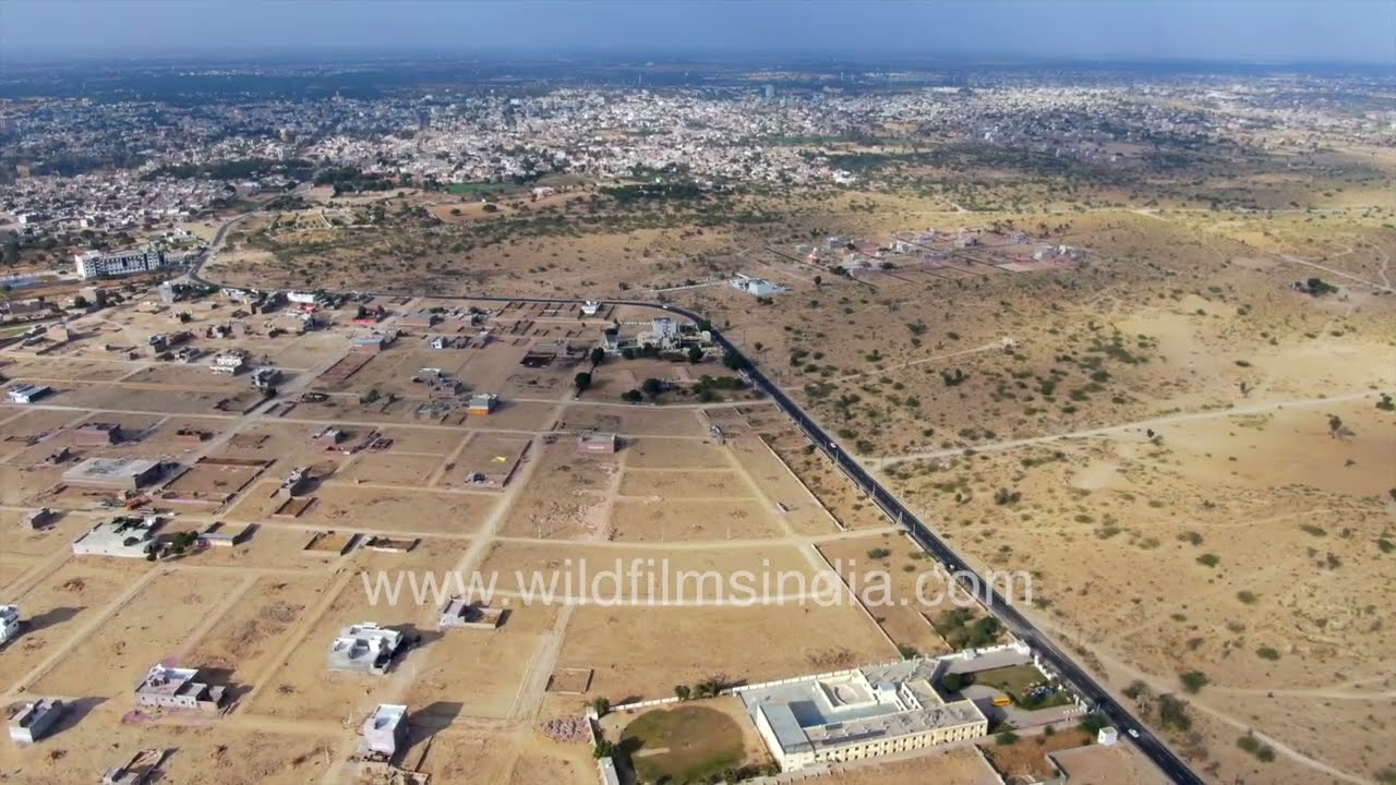 Bikaner city in aerial view looks like a large urban sprawl in a super arid desert landscape