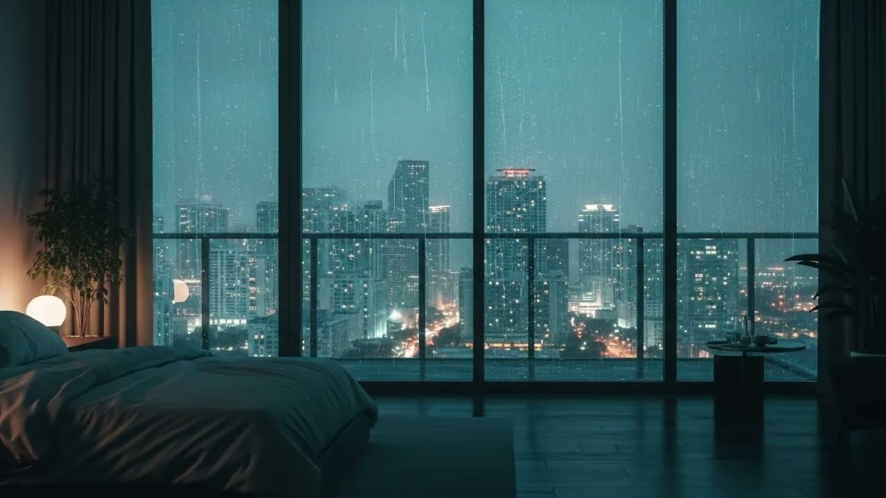 A Cozy Apartment at Night with Rainy City Ambience for Sleep & Relaxation