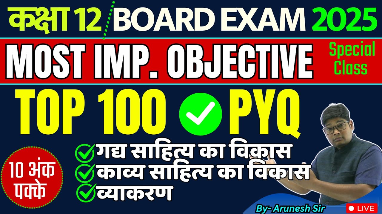 Class 12 Hindi Top Most 100 +||Objective Questions, Gadya Sahity Ka vikas हिंदी बहुविकल्पीय MCQ 2025