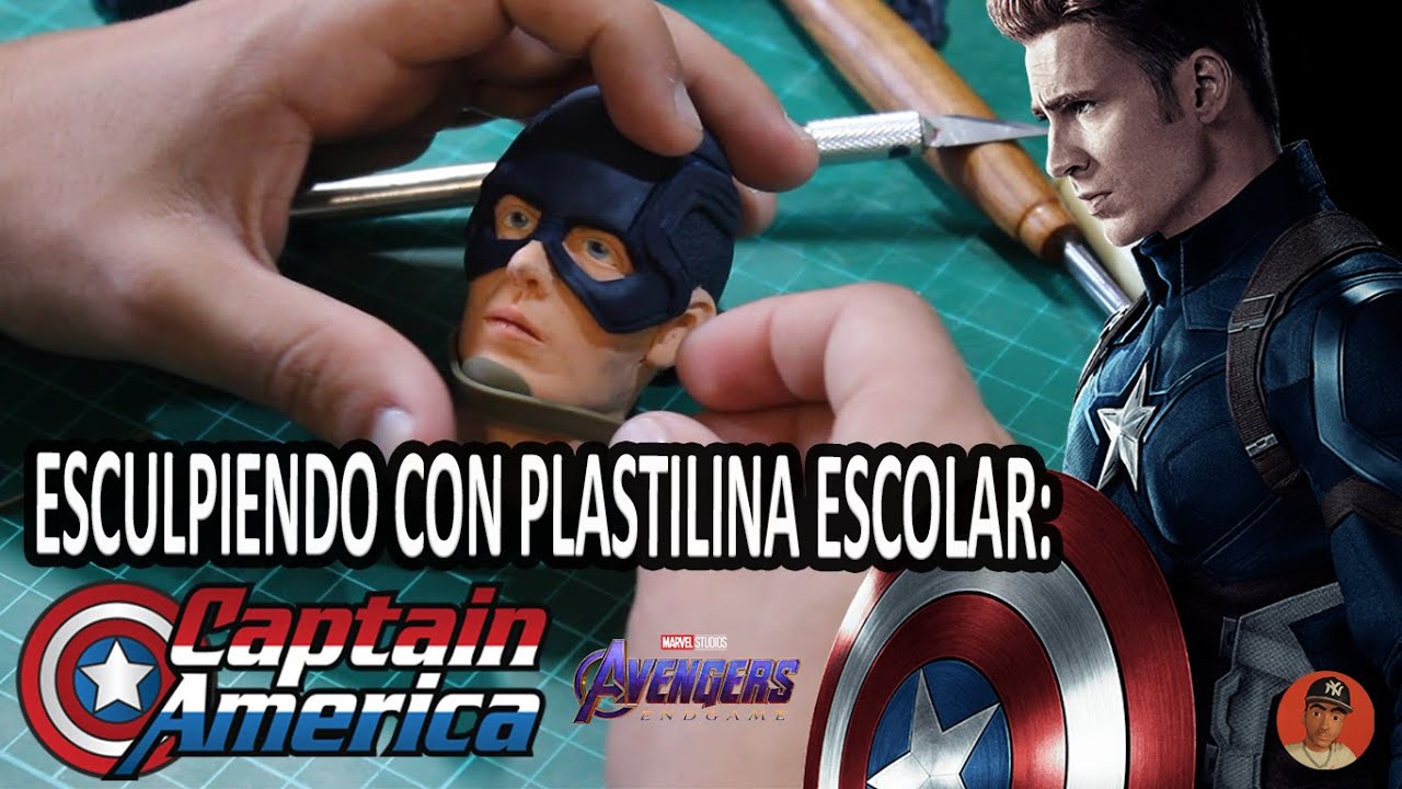 Esculpiendo al Capitán America con plastilina escolar.//sculpting captain america