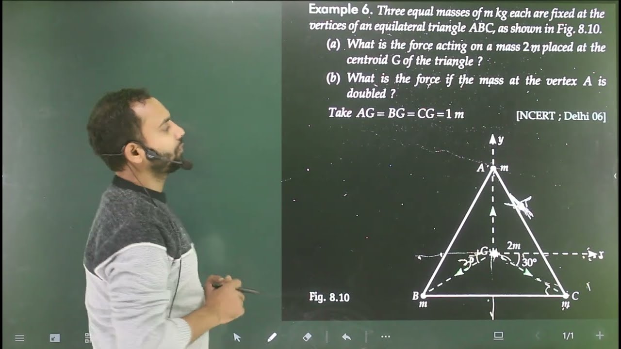 Ex-6 Gravitation : three equal masses of m kg each are fixed at the vertex of an equilateral triang