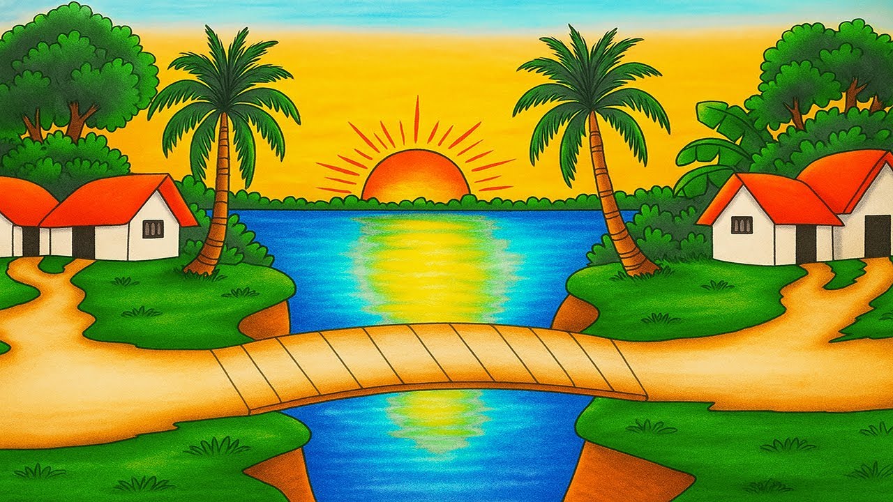 How to Draw Village Sunset Scenery with River & Bridge | Easy Oil Pastel Drawing for Beginners