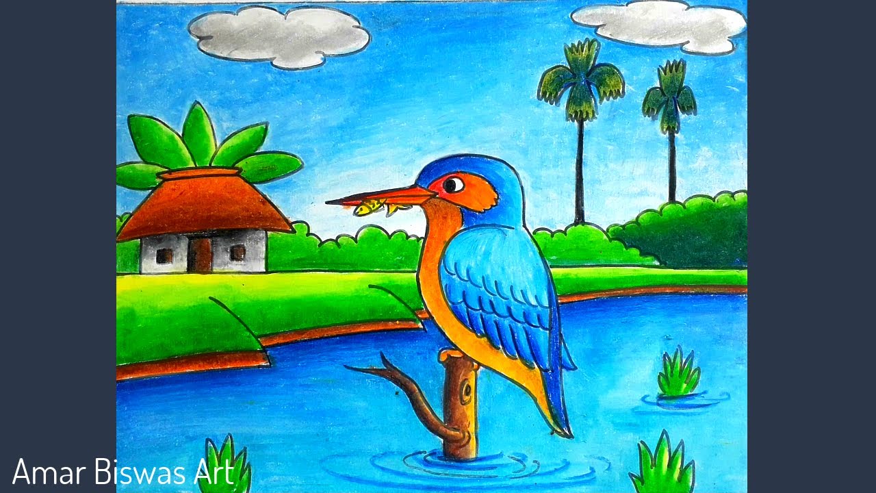 How to draw kingfisher scenery step by step | Kingfisher drawing scenery