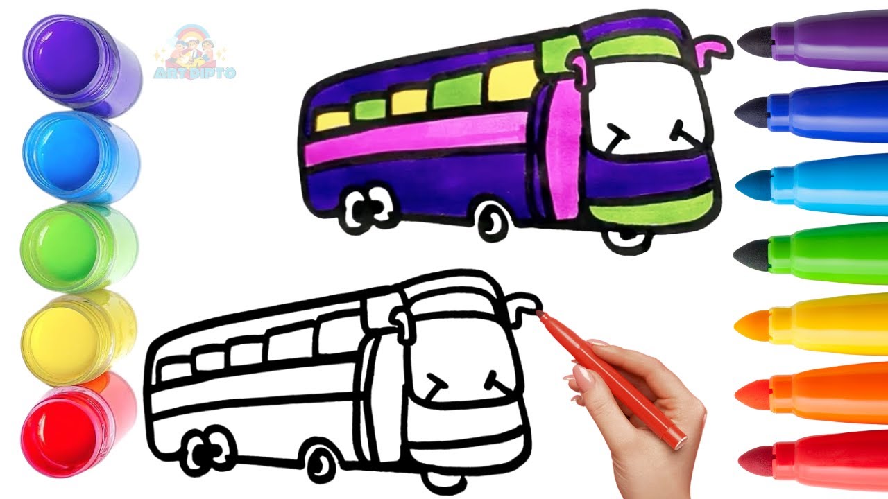 How To Draw cute Bus Drawing, Painting & Coloring For Kids and Toddlers_ Child Art 🐋🌈🎨
