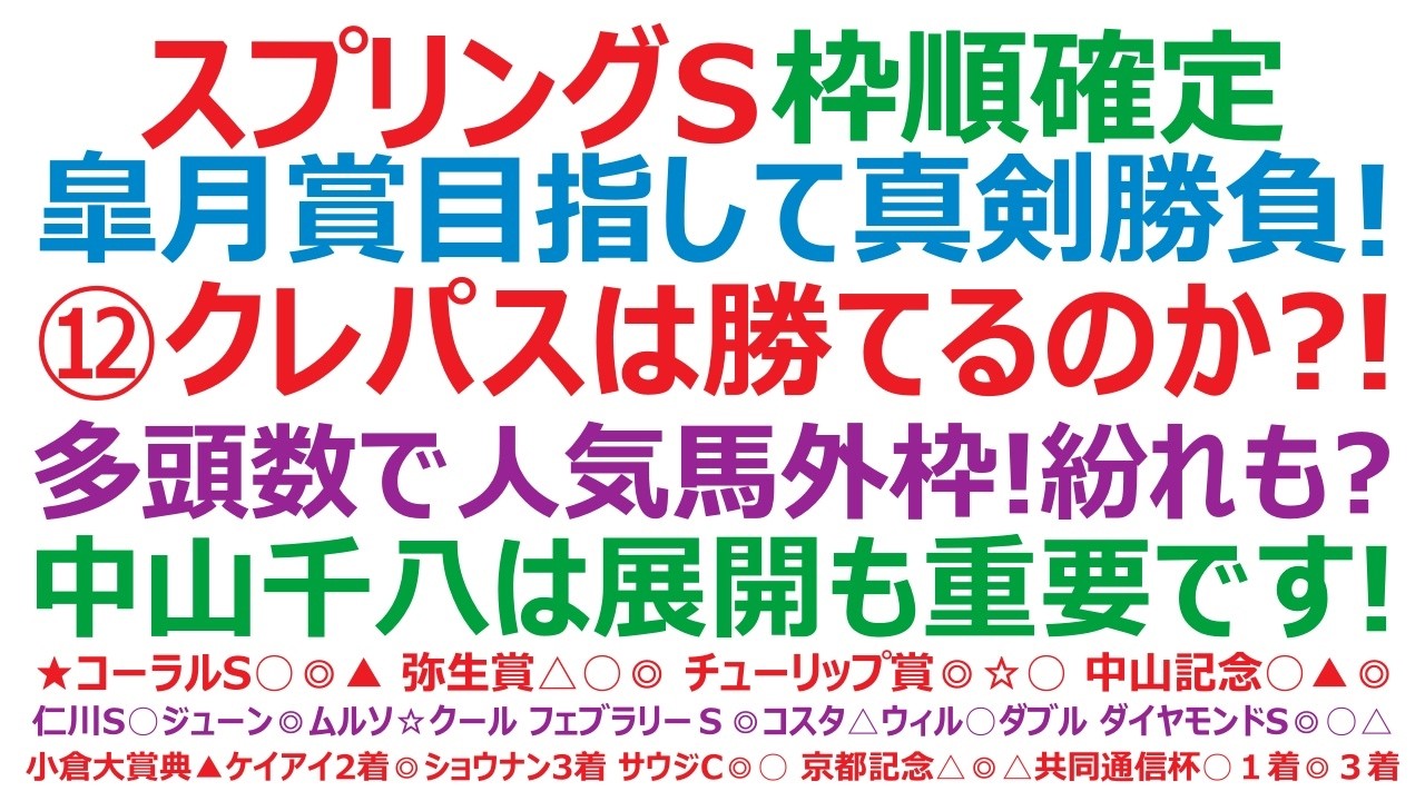 スプリングステークス2026枠順確定　皐月賞目指して真剣勝負！⑫クレパスキュラーは勝てるのか？！多頭数で人気馬外枠！紛れもある？中山芝1800mは、展開も重要です。