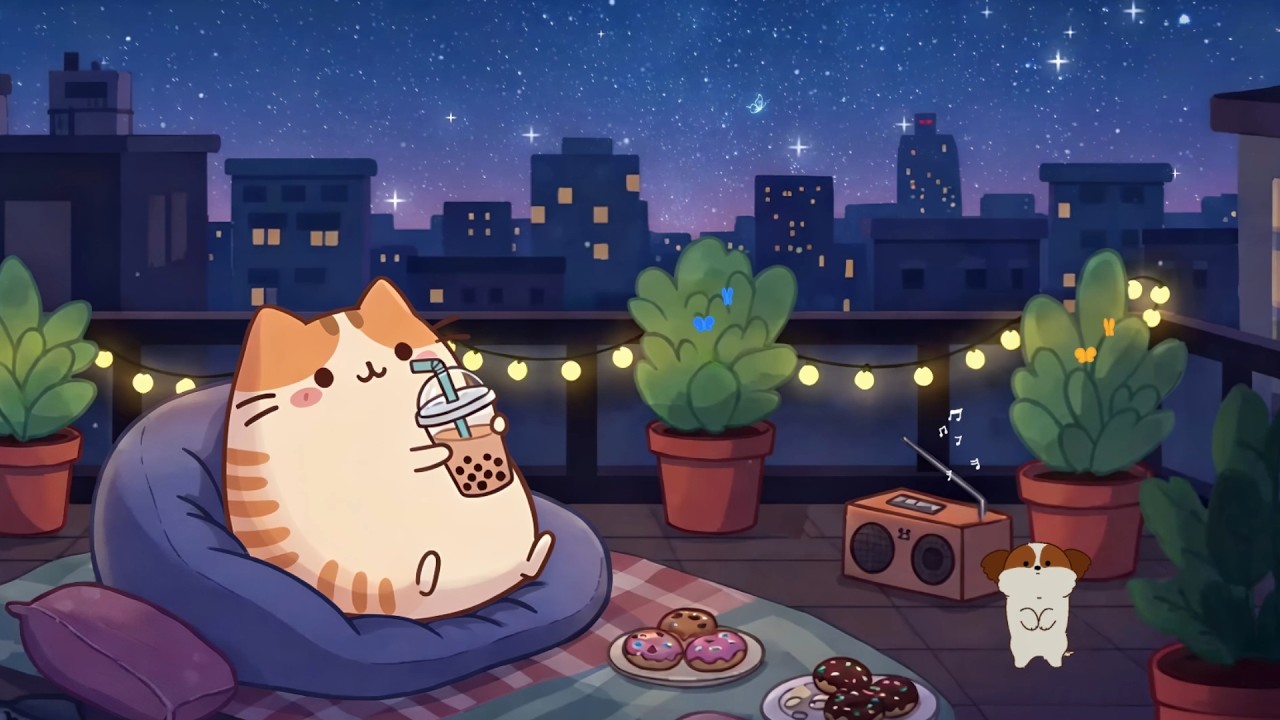 Pusheen's Cat Cozy Balcony Night Drink MilkTea 🌙 Chill Lofi Cat Music ✨ Relaxing Beats for Unwind