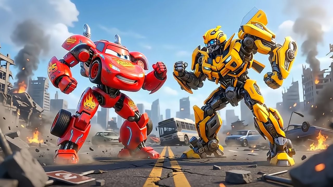 Robot McQueen vs Bumblebee Hero: Epic Downtown Rescue Battle!