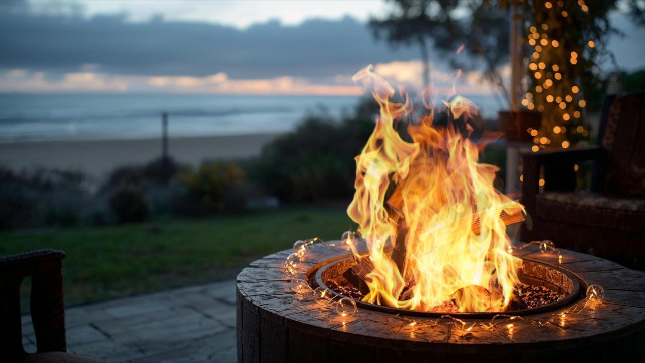 Summer Beach Fireplace 🏝️🎄 Relaxing Holiday Background with Cozy Fireplace and Music Ambience 🔥