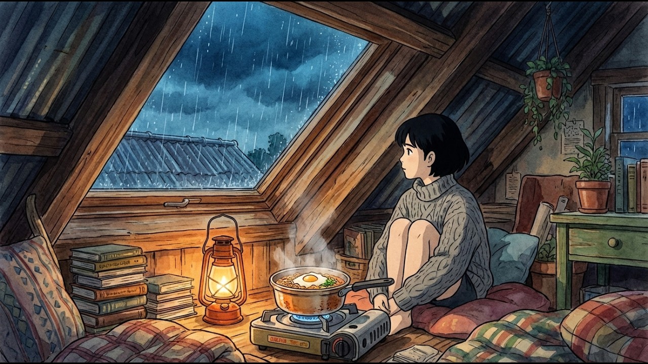 Rainy Night in the Attic Shelter Making Warm Ramen l Cooking ASMR l Ghibli Style Video
