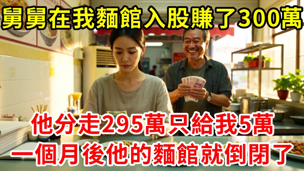 舅舅在我麵館入股賺了300萬，他分走295萬只給我5萬，我沒吭聲，一個月後他的麵館就倒閉了#正能量 #故事分享 #故事頻道 #人生感悟 #感情