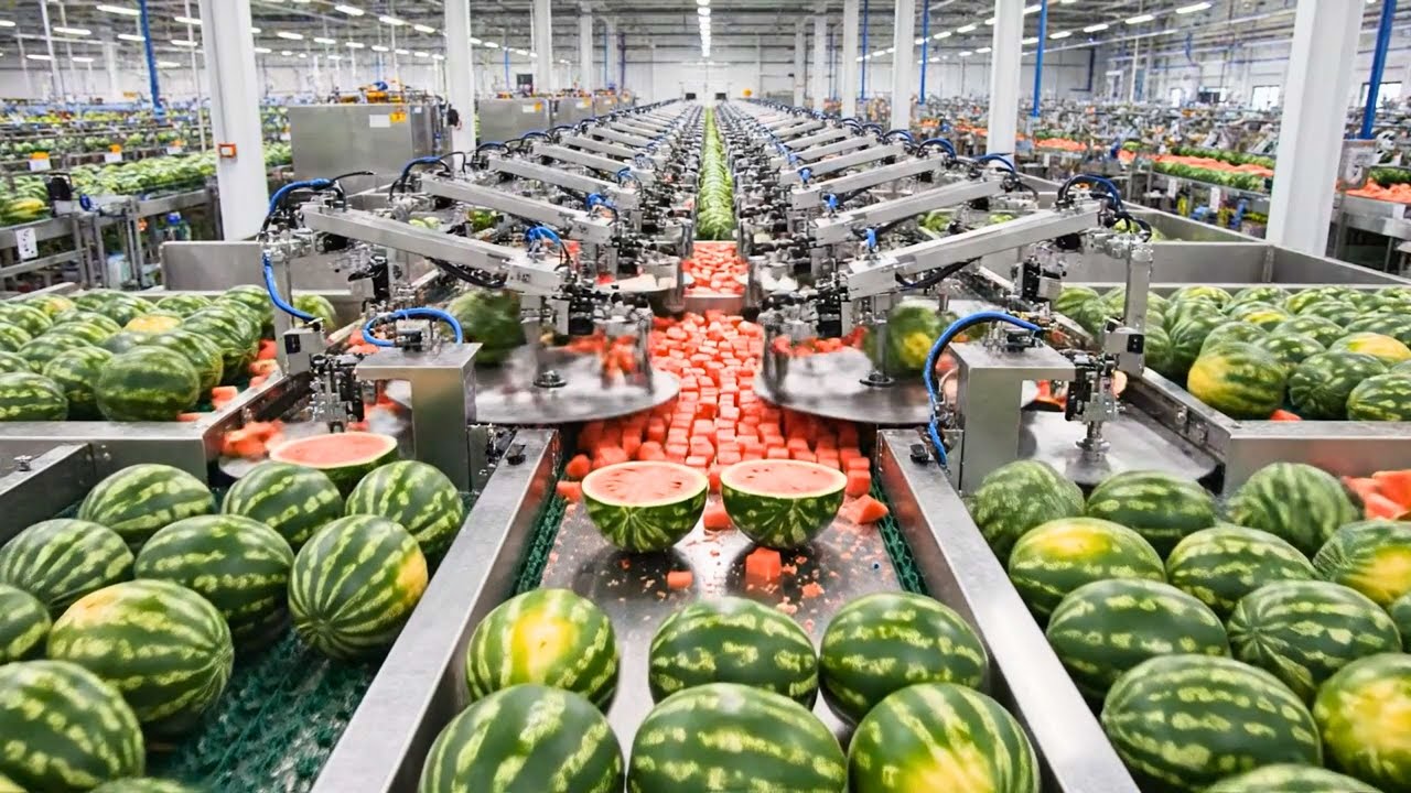 Inside the Modern Watermelon Processing Factory - From Fresh Fruit to Sweet Red Juice (Full Process)