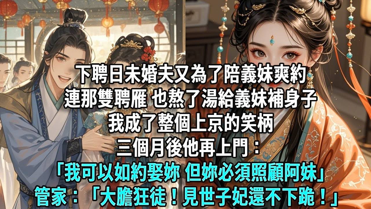 下聘日，未婚夫又為了陪義妹爽約，連那雙聘雁，也熬了湯給義妹補身子。我成了整個上京的笑柄。三個月後他再上門：「我可以如約娶妳，但妳必須照顧阿妹。」管家：「大膽狂徒！見世子妃還不下跪！」