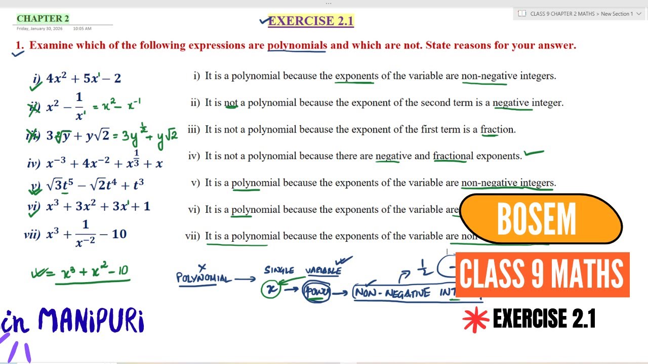 CH-2 Ex 2.1 Q.1 Examine which of the following expressions are polynomials and which are not CLASS 9