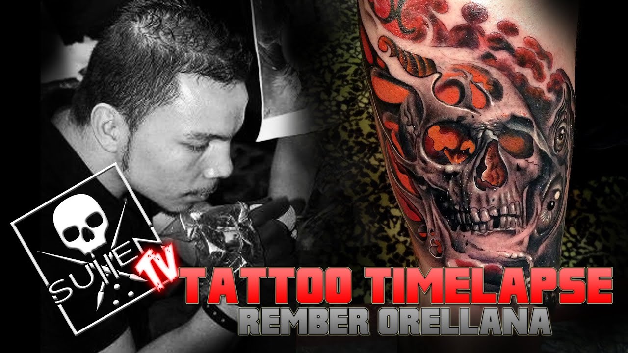 Tattoo Time Lapse - Rember Orellana - Tattoos Black and Grey Skull with Color Fusion