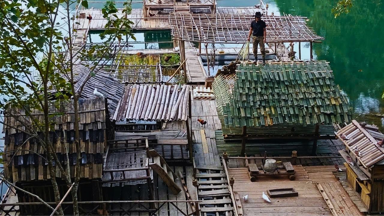 Finishing the bamboo roof. Life on the farm on the water