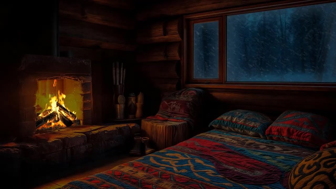 ❄️🔥 Winterhütte im Schneesturm – Knisterndes Kaminfeuer & Sanfte Schneeflocken für tiefe Entspannung