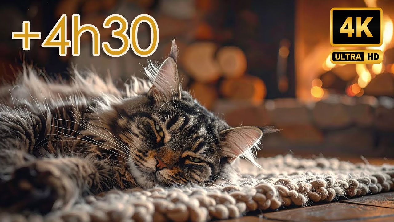Мурлыкающий кот породы мейн-кун 🔥 Камин 4K (4 часа 30 минут, без рекламы) | Сон и отдых
