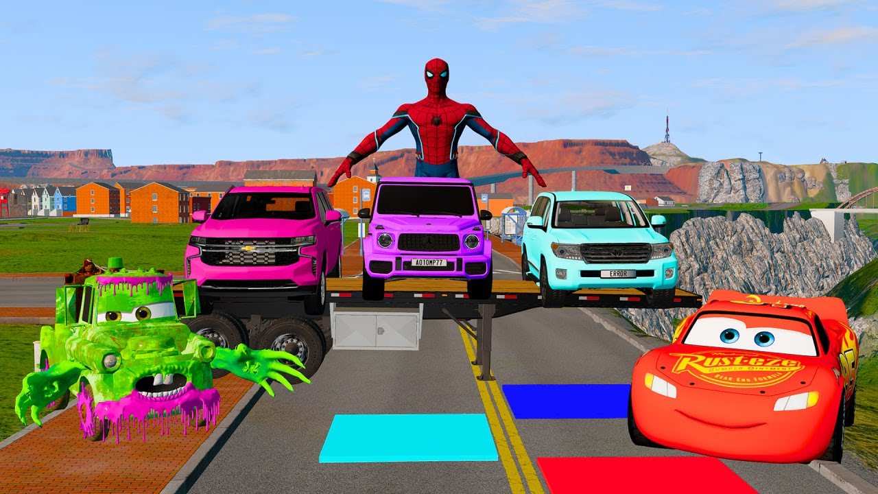 Triple Flatbed Trailer McQueen Transportation with Truck - Speedbumps vs Cars vs Train - BeamNG #4