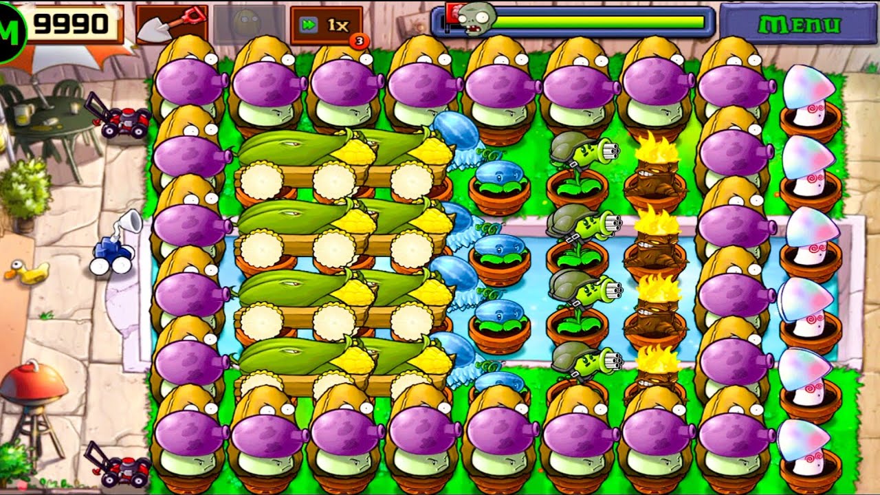 Plants Vs zombies Survival Pool Cob Cannon+Gatling Pea+Snow Melon+Fume Shroom Vs Zombies Gameplay