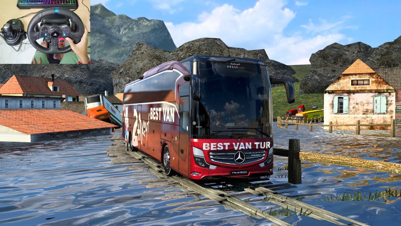 Smooth bus driving through across the flood on village areas | 