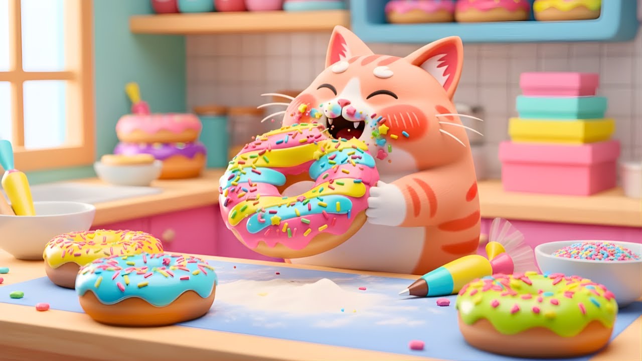 Doraecute Cat Makes Big Colorful Donuts and Eats Them Happily