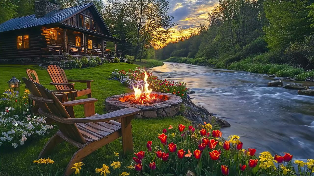 Peaceful Cozy Lakeside Sunset by the Campfire 🌿Cozy Ambience Birds Singing & Soft Piano