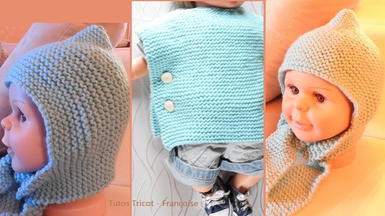 Tuto tricot Bonnet écharpe Bébé & Poncho Brassière Bébé facile (3/6 mois - 9/12 mois) point mousse