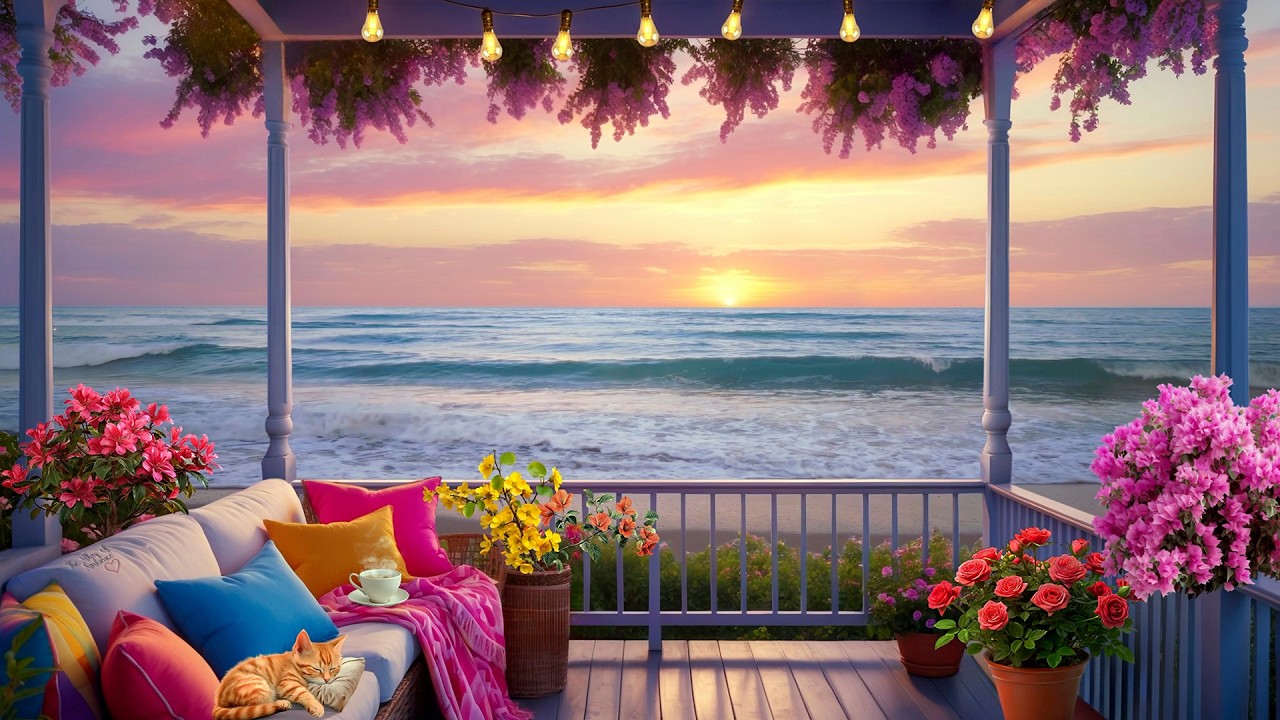 Summer Terrace Ambience with Relaxing Ocean Waves & Nature Sounds for Study & Focus