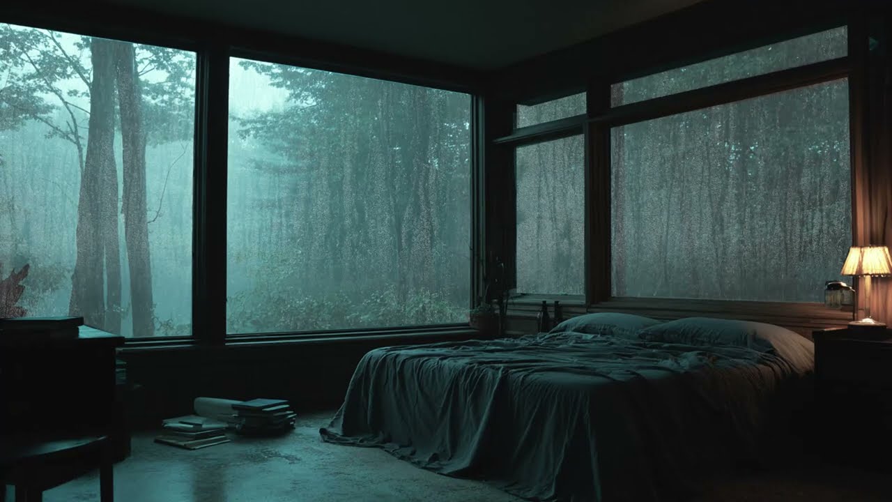 Forest Bedroom Rain on Window ASMR - Cozy Rainstorm Ambience for Sleeping and Stress Relief