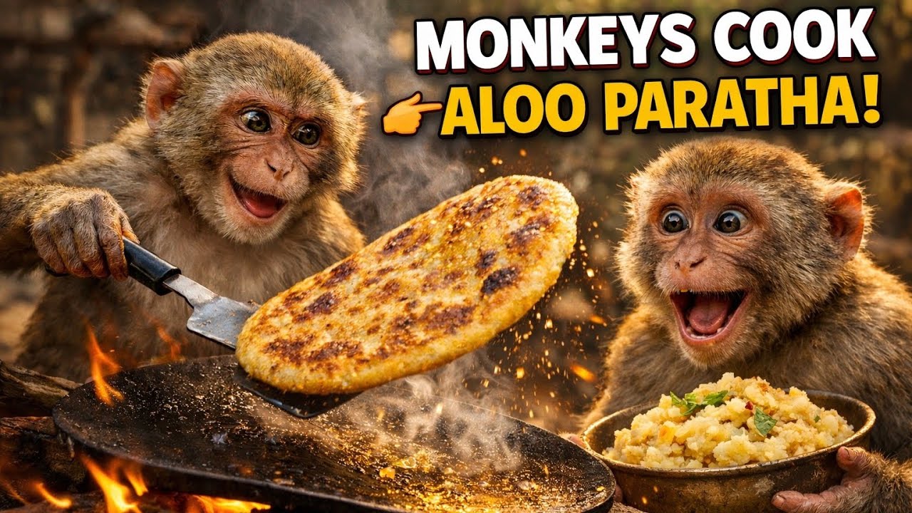 🐒🔥 Monkeys Cook Aloo Paratha | AI Generated Jungle Cooking 🍽️ #villagecooking 