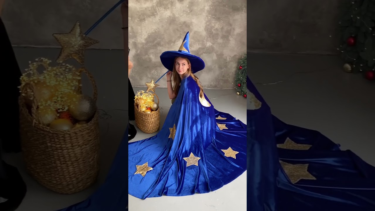 Enchanting Adult Blue Wizard Halloween Costume Set: Cape, Hat, and Magic Wand.