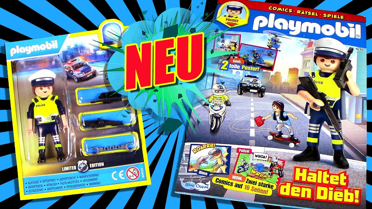 Playmobil ® Magazin Nr. 23 Polizist mit Funkgerät, Gewehr & Handschellen + der falsche T-Rex