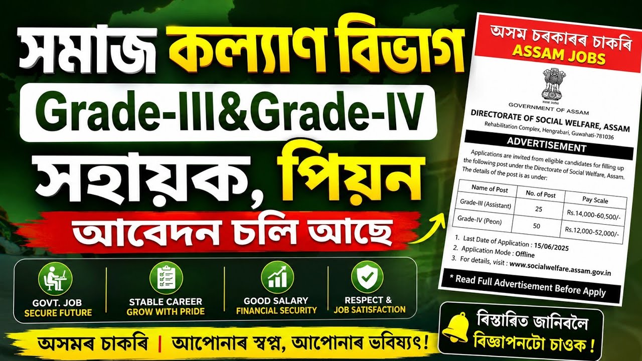 সমাজ কল্যাণ বিভাগৰ চাকৰি - Jobs in Assam | Assam jobs 2026 | Assam jobs vacancy 2026 |