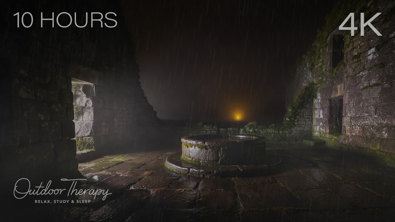 Rain at the Courtyard Well 🌧️ Stone Ruins, Thunder & Night Wind | 10 HOURS | 4K