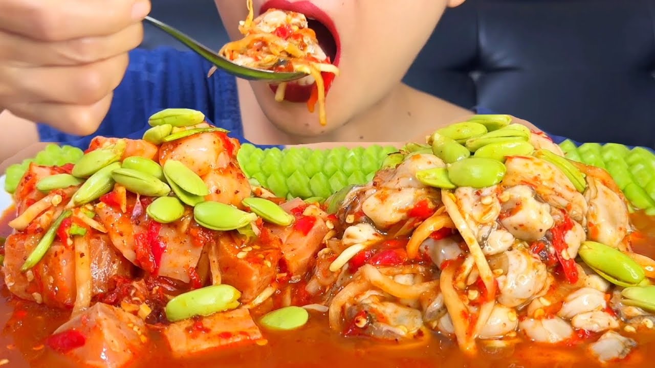 Thaifood ASMR เหลาปลาร้า หอยนางรม แซลมอน Salad with fermented fish, oysters and salmon MUKBANG show