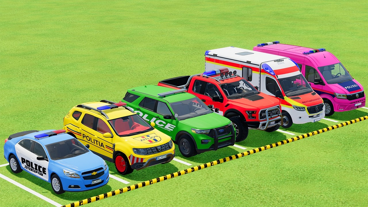 TRANSPORTING POLICE CARS, AMBULANCE, FIRE TRUCK, COLORFUL CARS WITH TRUCK - FARMING SIMULATOR 22 #15