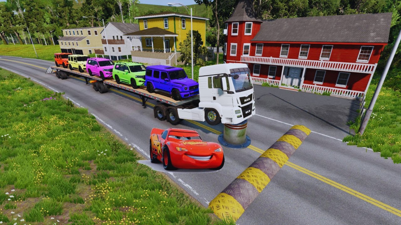 Flatbed Truck McQueen | Transportation with Truck - Pothole vs Car #10 | BeamNG.Drive Gameplay