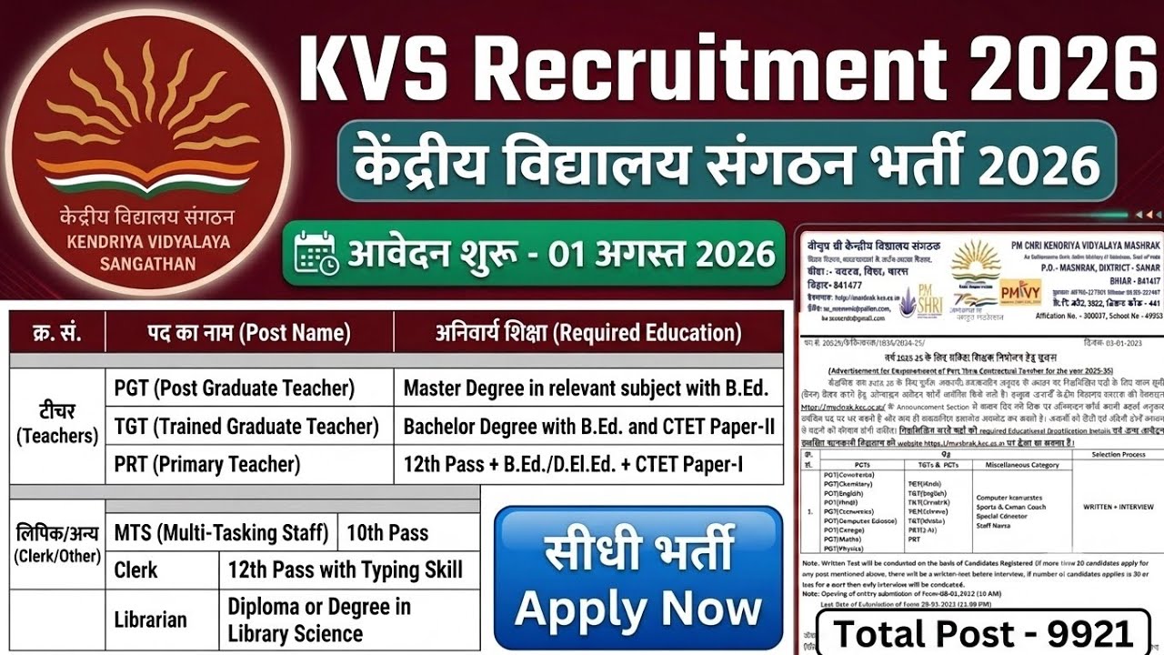 KVS Recruitment 2026 | New Vacancy 2026, KVS Teacher Vacancy 2026, Primary Teacher Recruitment 2026