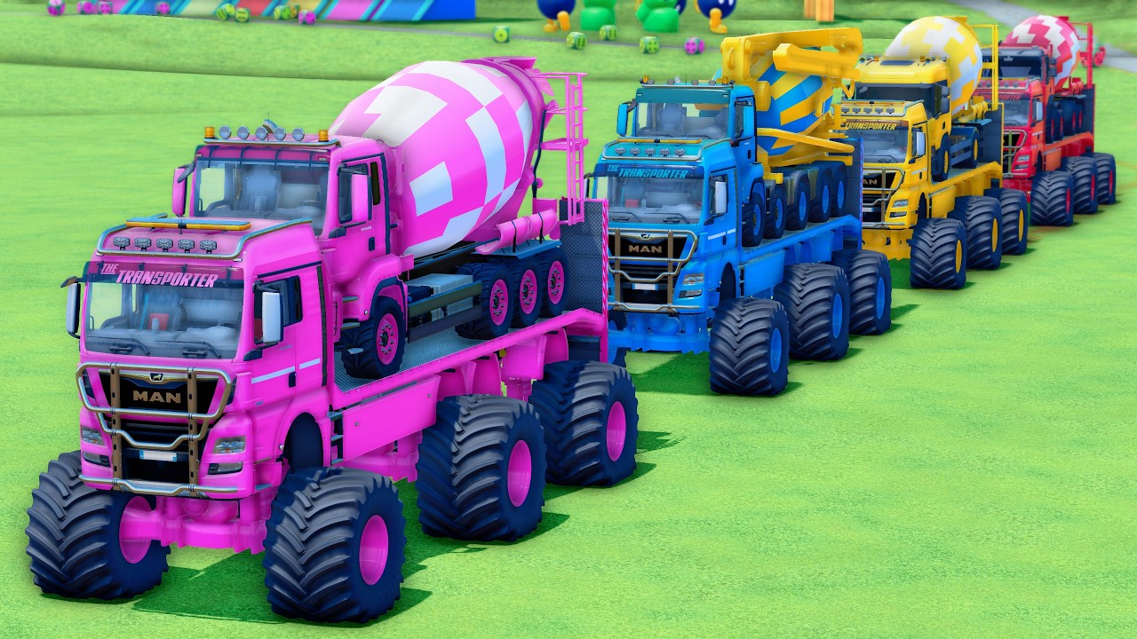 MONSTER FLATBED TRUCK LONG CONVOY TRANSPORT OF COLORS! ALL  MIXER TRUCKS, RENAULT, MAN, VOLVO ! FS25