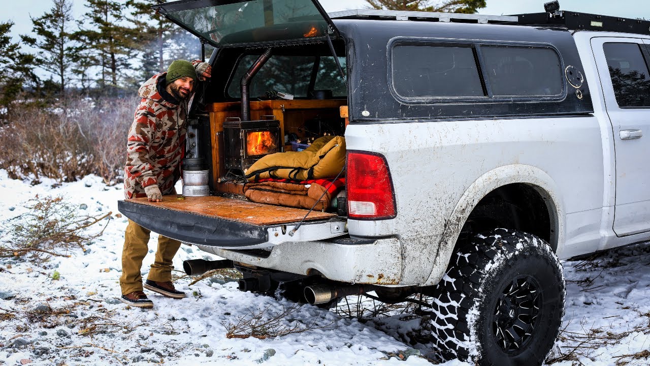 Truck Camping With Wood Stove In Winter