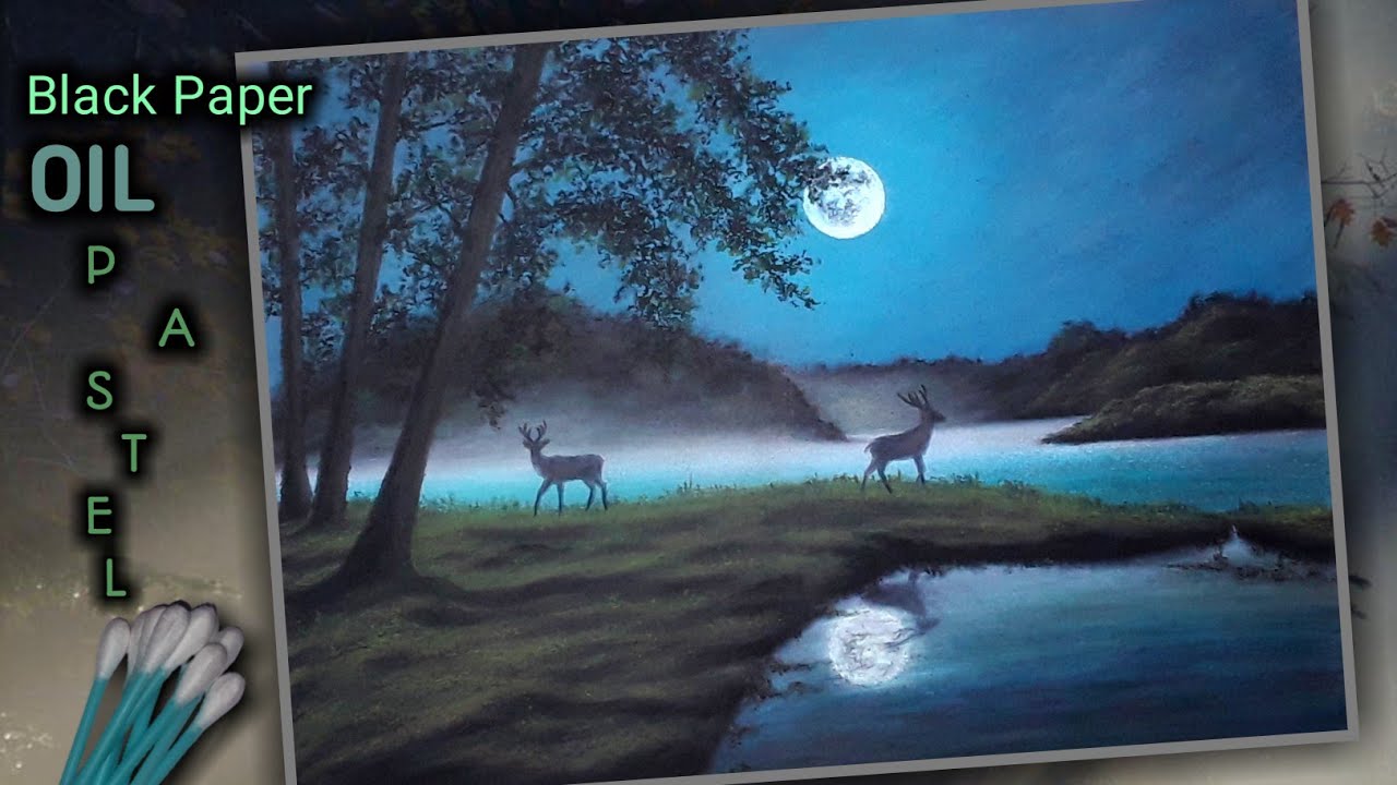 Night Nature Drawing Easy | Oil Pastel Moonlight Scenery Drawing
